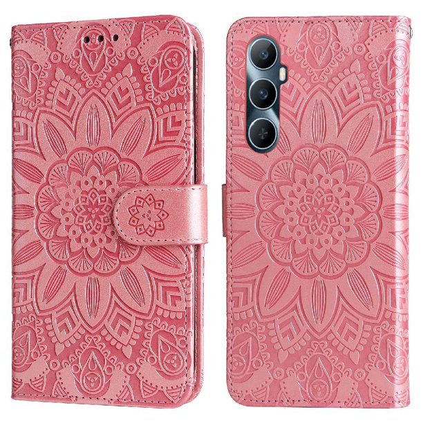 Funda tipo cartera FOXDOCK para Realme C65 4G , diseño girasol en relieve, cuero PU, cierre magnético, soporte y tarjetero