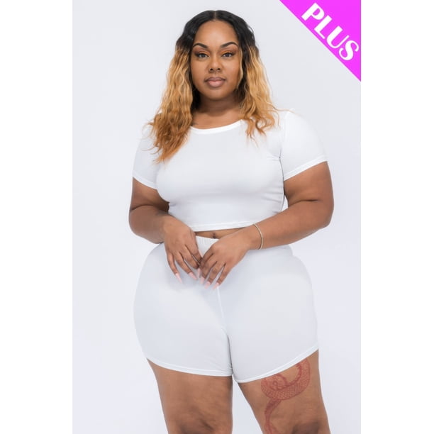 Conjunto de Top Corto y Shorts de Manga Corta de Talla Grande