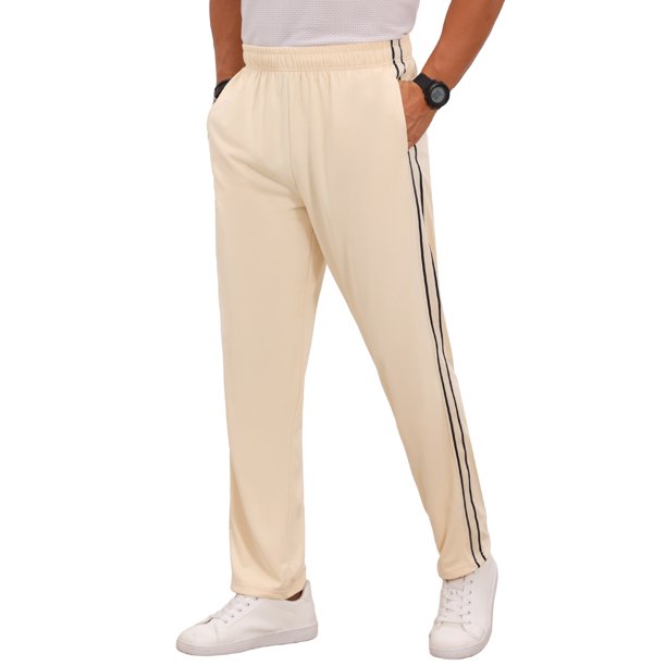 INSPIRE CHIC Pantalones de chándal casuales para hombre con cintura de cordón, pierna recta, rayas laterales, ropa urbana, talla 32, beige