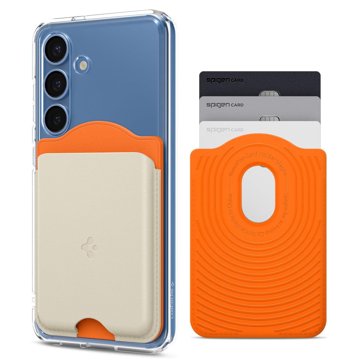 Tarjetero Magsafe De Spigen, De Poliuretano, Naranja Y Beige, 3 Tarjetas