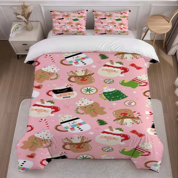 Christmas-Themed Bedding Set Featuring an Illustration of Christmas Elements Including a Duvet Cover And Two Pillowcases. Soft And Comfortable