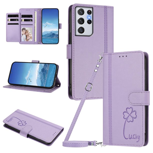 Funda Cartera Trébol para Samsung Galaxy S21 Ultra con Ranuras Tarjetas y Carga Inalámbrica Morado claro