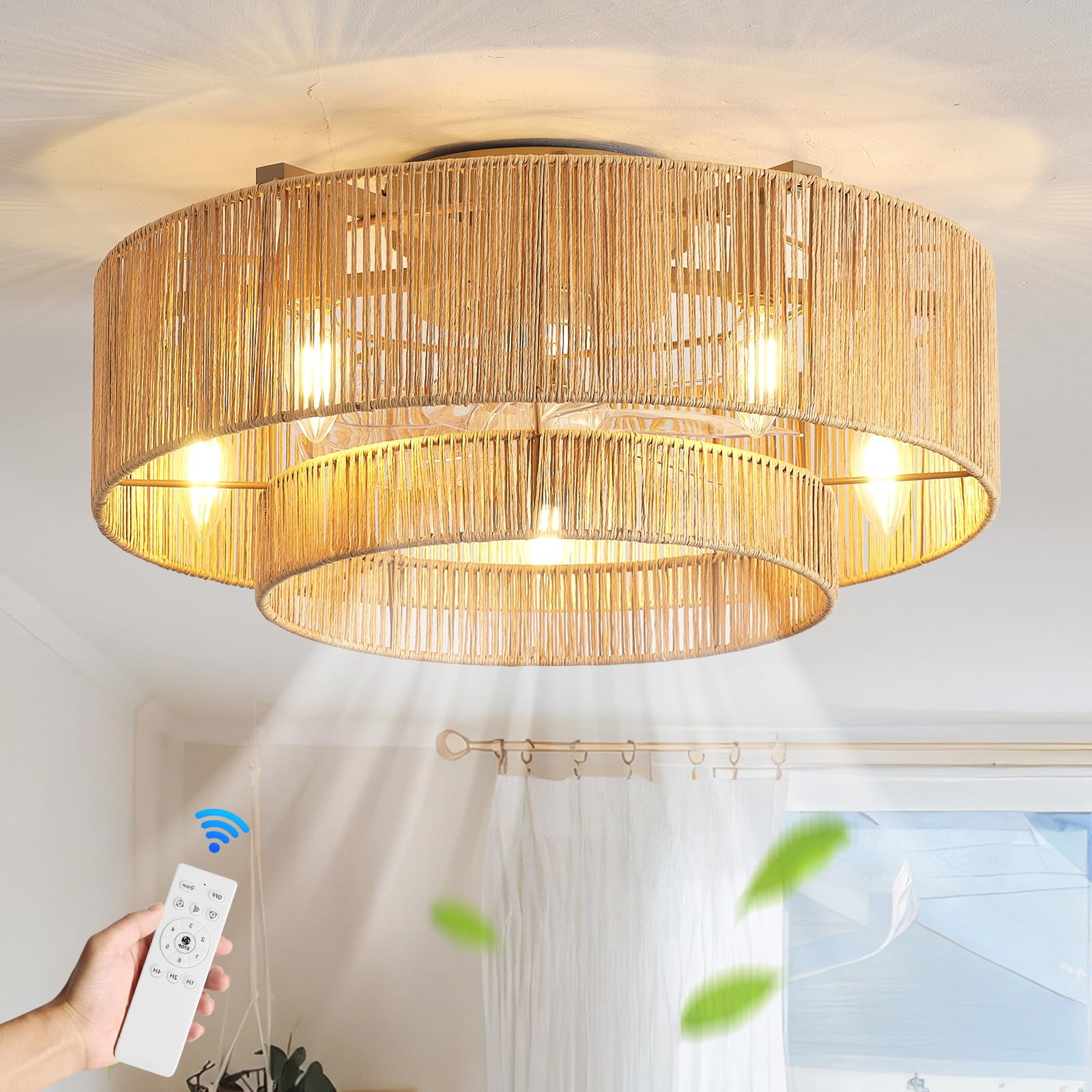 Ventilador De Techo Ainqiant De 20" Estilo Boho Con Jaula De Ratán Y Luz, Control Remoto