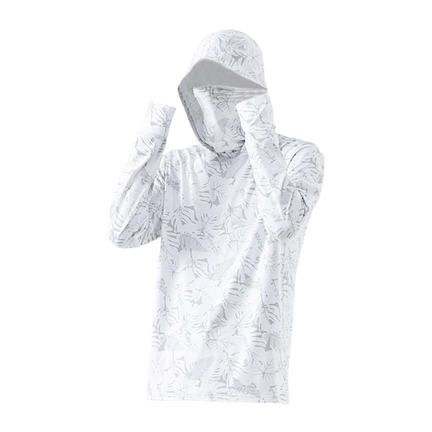 Chaqueta de camisa con capucha de protección solar para hombres con agujeros para los pulgares Cómoda delgada con máscara Outwear Ropa para golf Pesca , Blanco, M