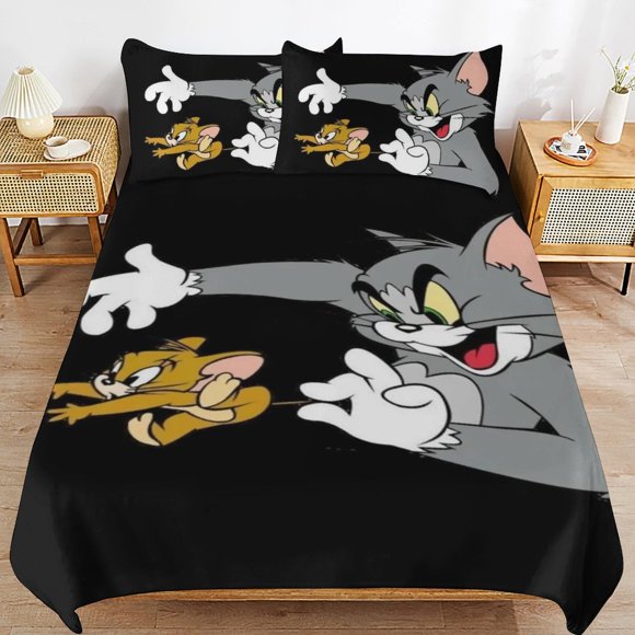 Tom And Jerry Cartoon Bedding Sets Ultra Soft Skin-Friendly Duvet Cover 3 Piece, Cute Comforter Cover Bed Set for Boys Girls Kids