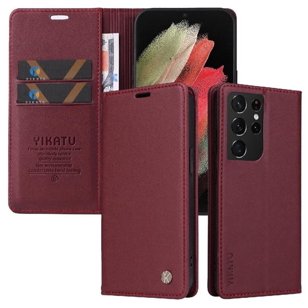 Funda Billetera de Cuero para Samsung Galaxy S21 Ultra con Tarjetero y Soporte - Tapa Magnética Rojo