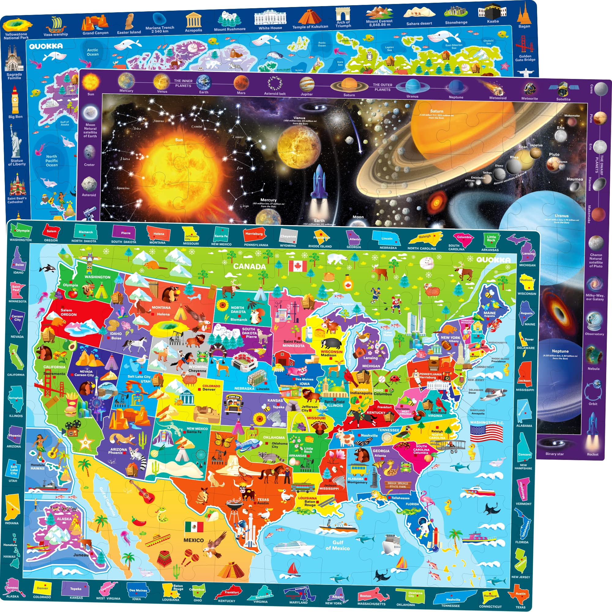 Puzzles Quokka 100 Piezas Para Niños De 4 A 6 Años, Paquete De 3 Con Mapa Del Mundo