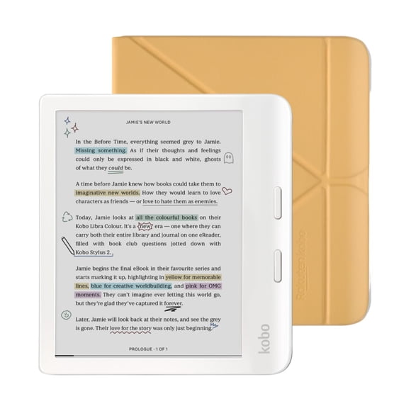 Paquete de eReader Kobo Libra en color blanco con funda de 32 GB de almacenamiento
