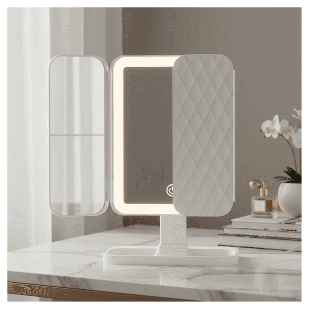 Espejo De Maquillaje Triple Plegable Con Luz Led Y Aumento M Blanco