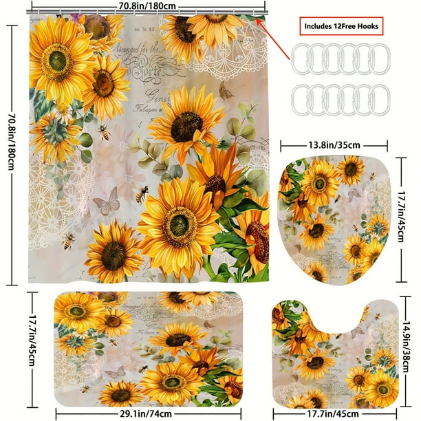 1pc Sunflower & Bee Bathroom Set - Anti-Slip Bath Mat, Shower Curtain, and Toilet Cover - Flowers Pattern Bathroom Accessories for a Cozy and Inviting Bathroom Decor