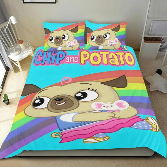 Chip y Potato Conjunto de sábanas temático, trío de piezas, cómodo y amigable con la piel, diseño único, regalo de decoración para el hogar para familiares, amigos y fans,140cm *210cm