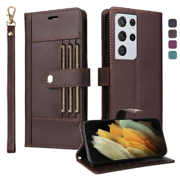 FOXDOCK Funda tipo Cartera para Samsung Galaxy S21 Ultra – Cubierta de Cuero PU con Múltiples Ranuras, Bolsillo para Efectivo y Correa de Muñeca