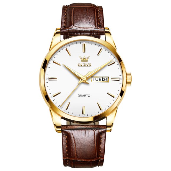 RELOJ QBAIZI Oro con Correa de Cuero y Día-Fecha Analógico