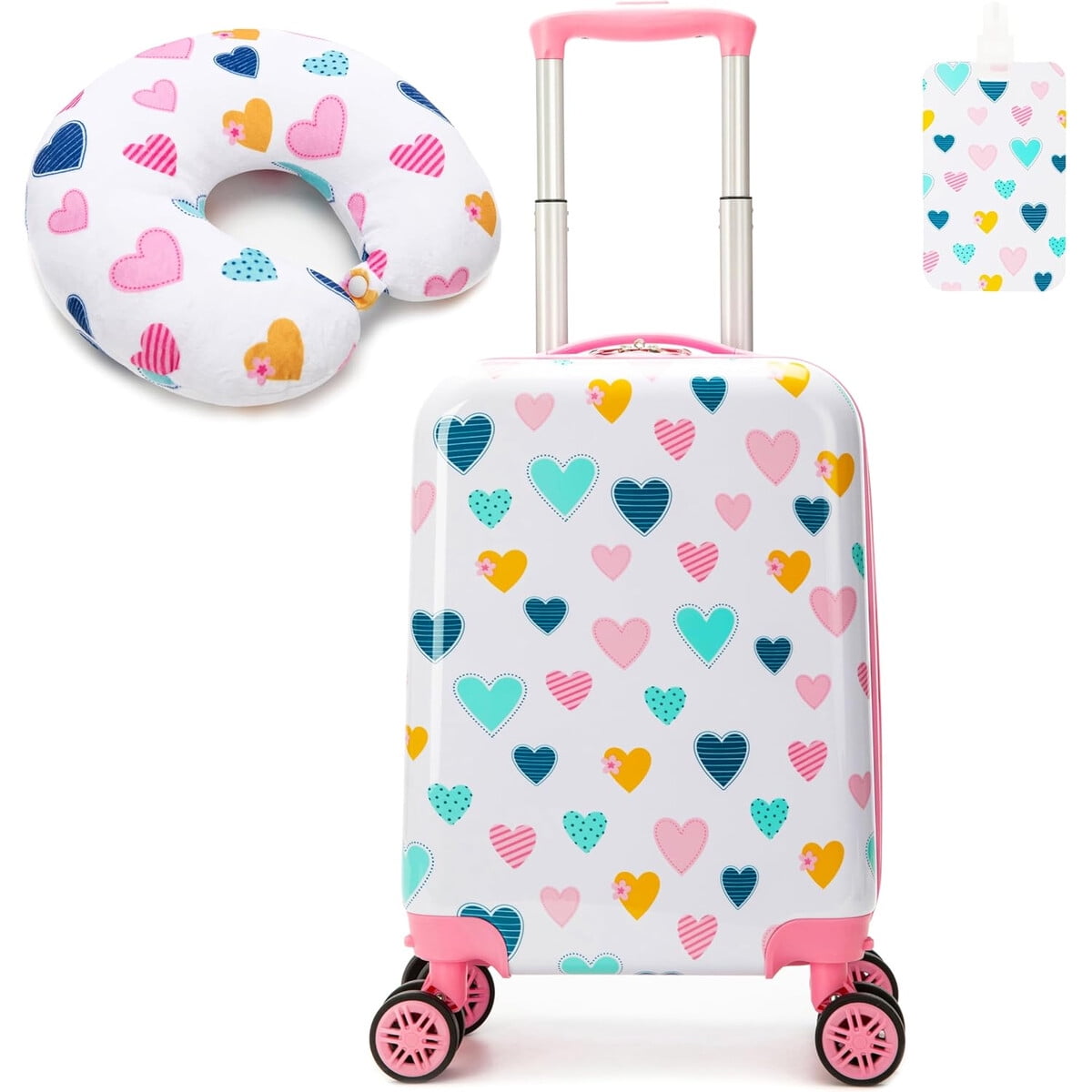 Genérico - Set Maleta Infantil 2 Piezas 16 Rígida Corazones 4 Ruedas