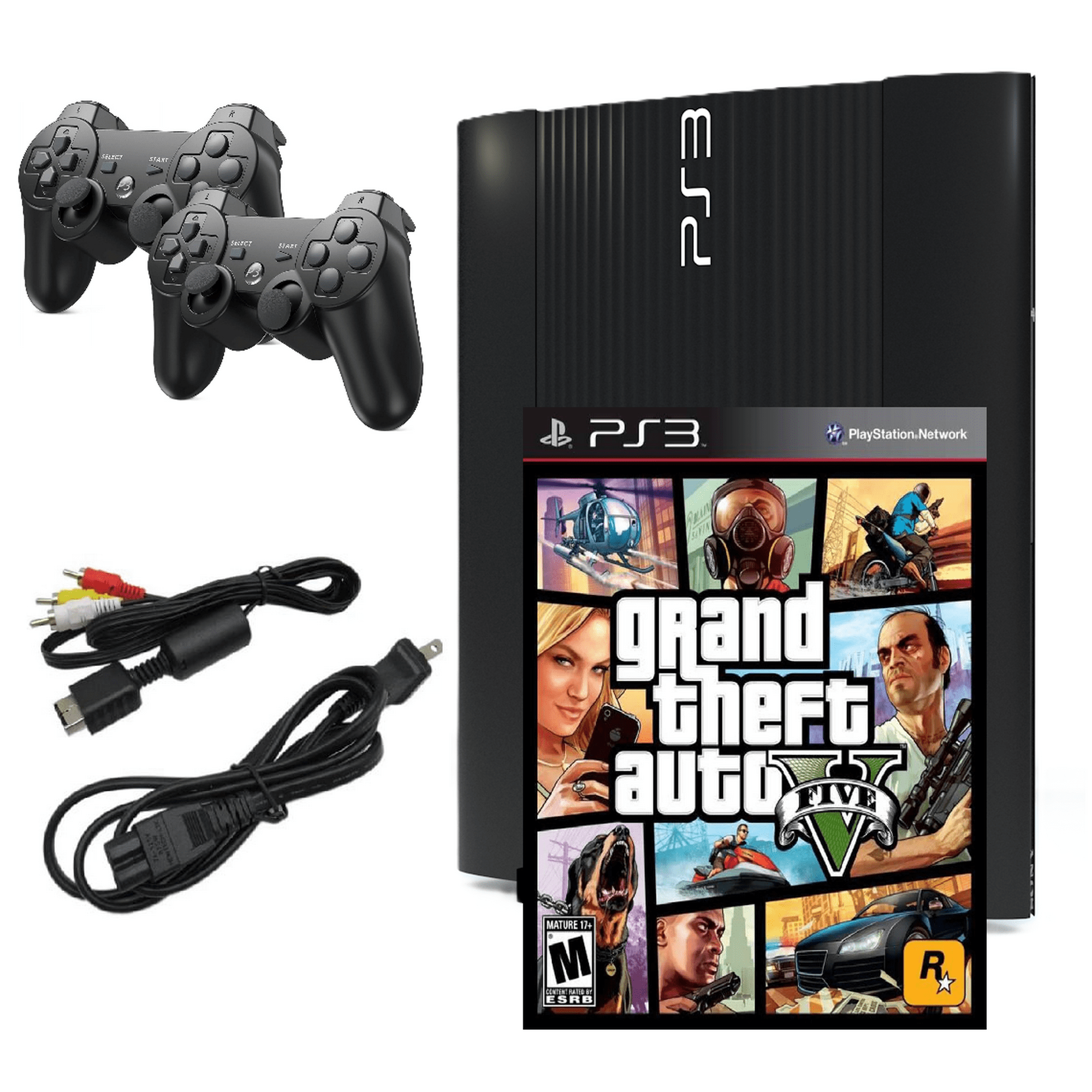 Restored Sony Playstation 3 Ps3 Console Super Slim 250gb Black With Gta V & Two Retrofam Controllers (refurbished)