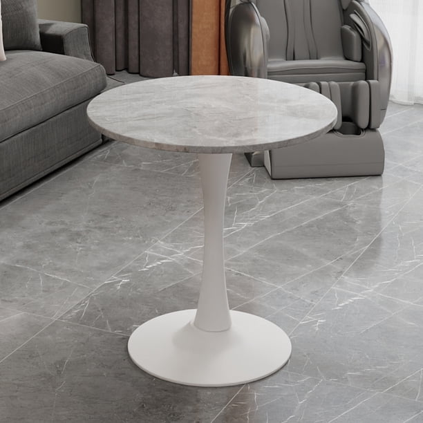 27.6-inch white coffee table, mid-century modern style dining table, suitable for 2-4 people, featuring a round light gray veined marble tabletop, perfect for various settings.