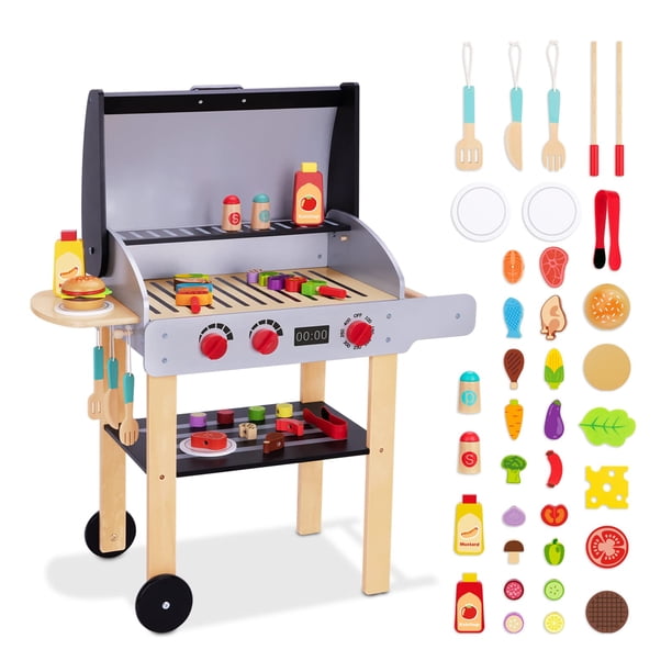 Parrilla de juguete Play Barbecue Toy Grill OOOK de madera para niños con comida y herramientas para mayores de 3 años