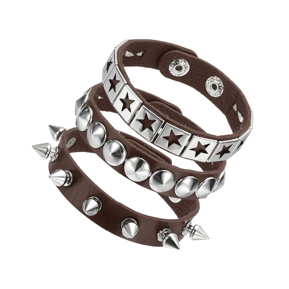 Uxcell 3Pcs Conjunto de Pulseras de Cuero con Tachuelas Punk Rock, 8.7"/22cm Muñequera Ajustable con Picos para Fiestas de Halloween, Accesorios Emo Grunge, Marrón Café