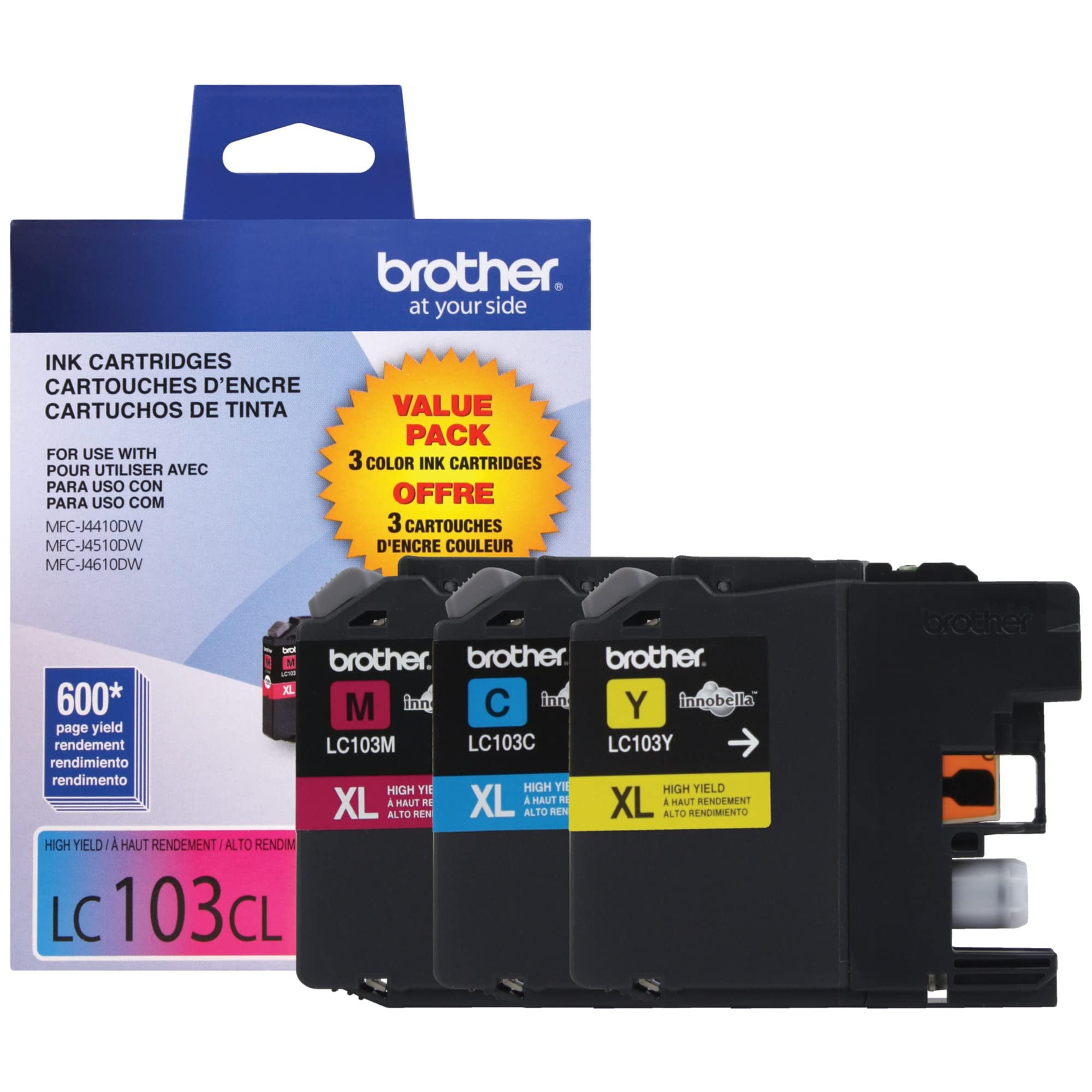 Brother Lc1033pks, Lc-103, Tinta Innobella De Alto Rendimiento, 600 Páginas, Paquete De 3, Cian, Magenta Y Amarillo