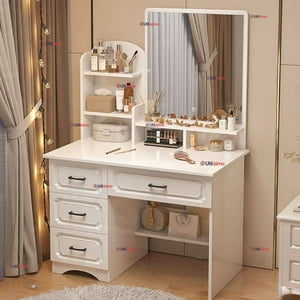 Line - Tocador De Lujo Espejo Con Luz Integrada 4 Cajones Mdf Blanco 137X80X48Cm