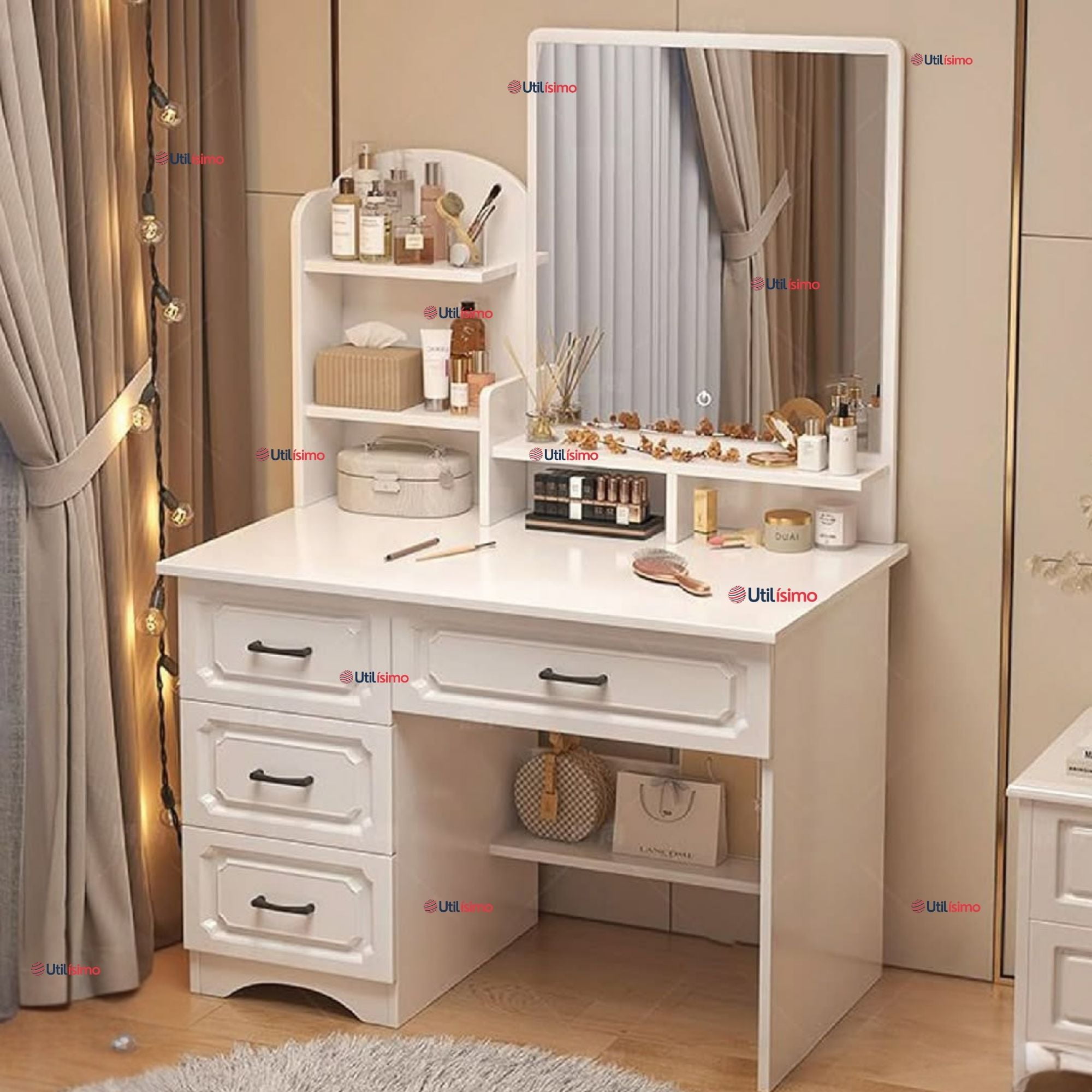 Line - Tocador De Lujo Espejo Con Luz Integrada 4 Cajones Mdf Blanco 137x80x48cm