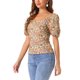 thumbnail image 4 of Blusa Floral de Mujer INSPIRE CHIC Cuello Cuadrado en Forma de Corazón Manga Abullonada Espalda Fruncida Top Casual Naranja Marrón L, 4 of 6