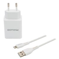Philco - Cargador De Pared 2 Usb Cable Lightning Blanco R1090