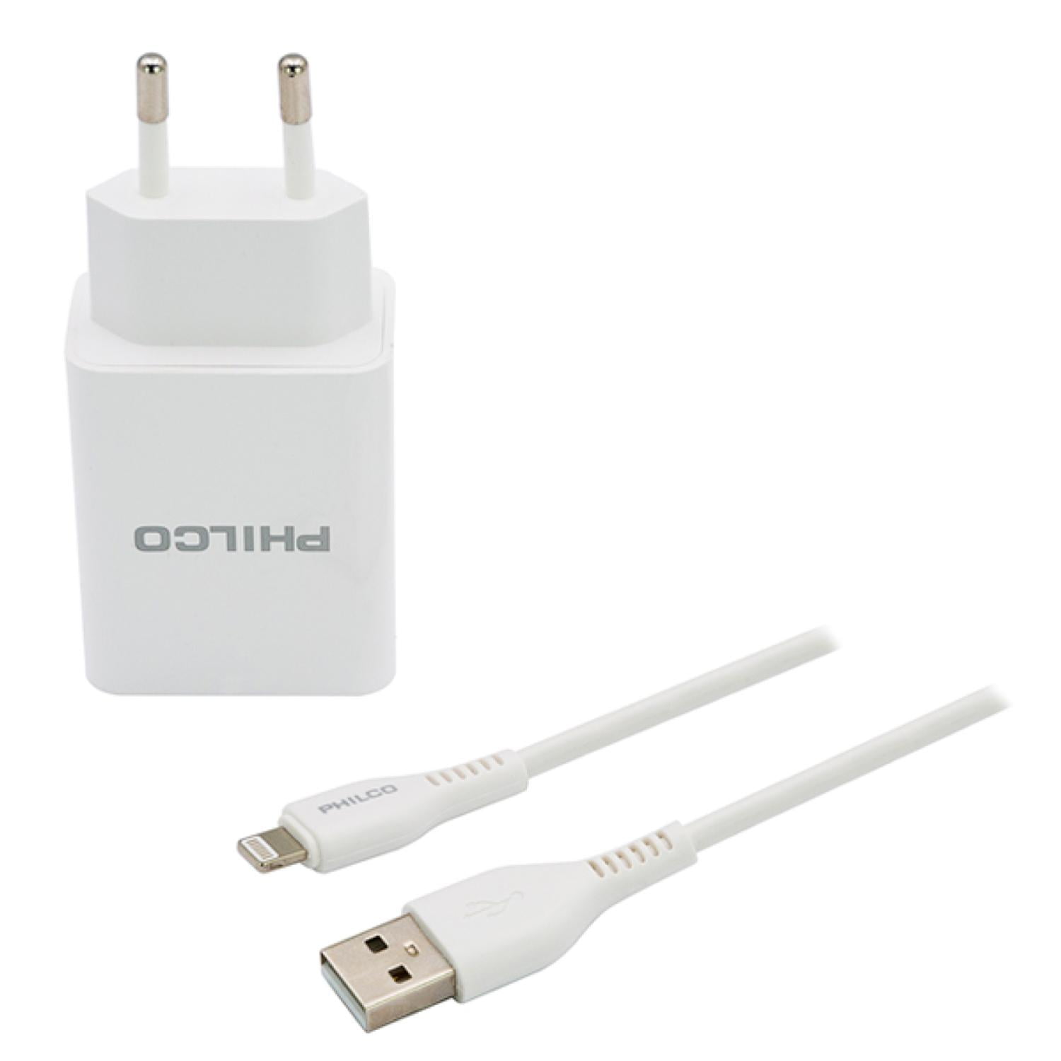 Philco - Cargador De Pared 2 Usb Cable Lightning Blanco R1090