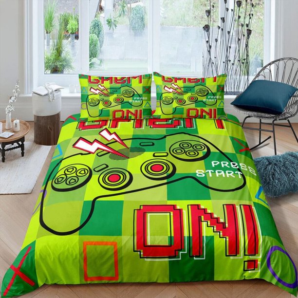Cartoon Play Games Gamepad Green Quilt Duvet Cover Set Bedclothes Super 3-Piece Bedding Set
