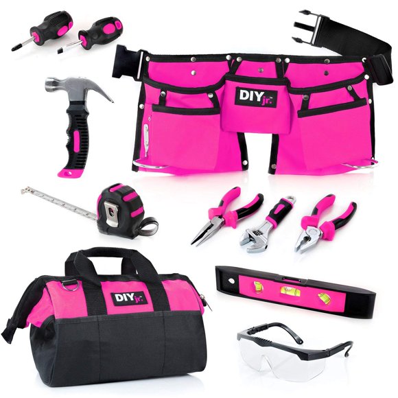 Juego de herramientas DIY Jr. My First Pink para niñas con cinturón de herramientas, 11 piezas