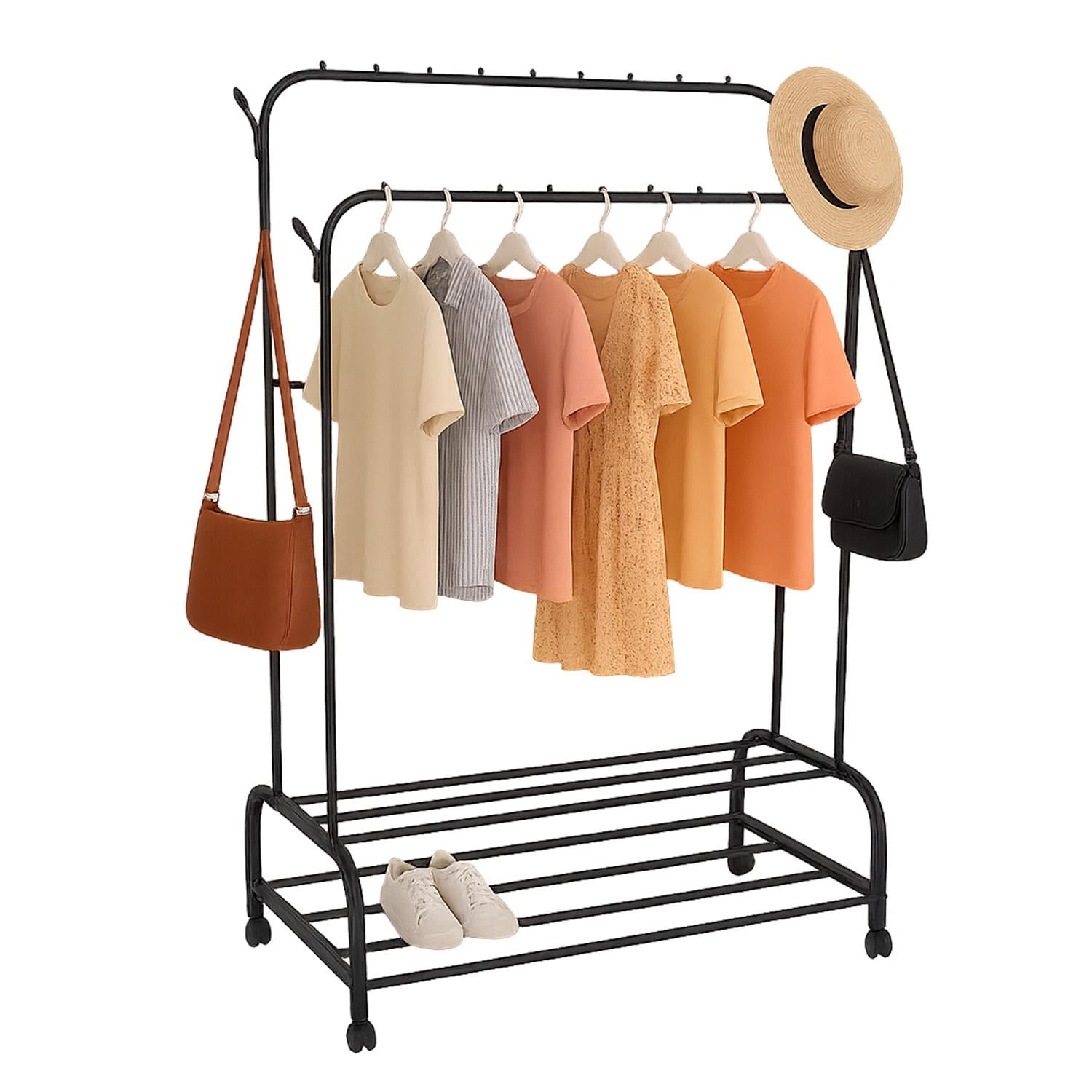 Global Latin Group - Perchero Metálico Doble Con Zapatero Organizador De Ropa Negro