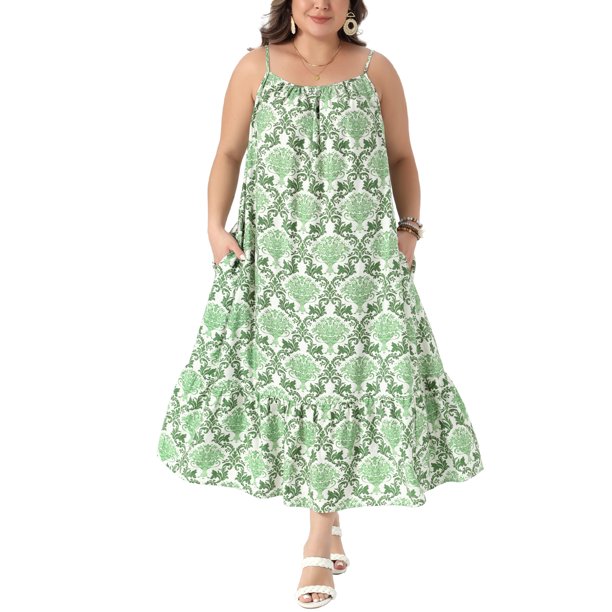 Agnes Orinda Vestido Maxi de Talla Grande para Mujer, Estilo Boho con Estampado, Tirantes Espagueti, Corte Suelto, para Playa, Vacaciones de Verano, con Bolsillo, Talla 4X, Verde