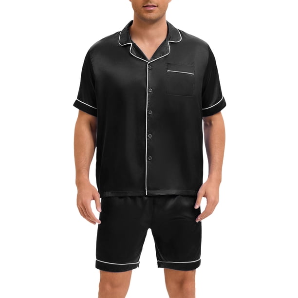 INSPIRE CHIC Conjunto de Pijamas de Verano para Hombre de Satén con Manga Corta y Pantalones Cortos 2 Piezas XL Negro