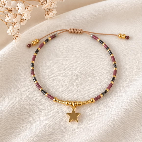 Pulsera Miyuki Ajustable en Tonos Tierra con Dije de Estrella Bañado en Oro – el amor que te sostien