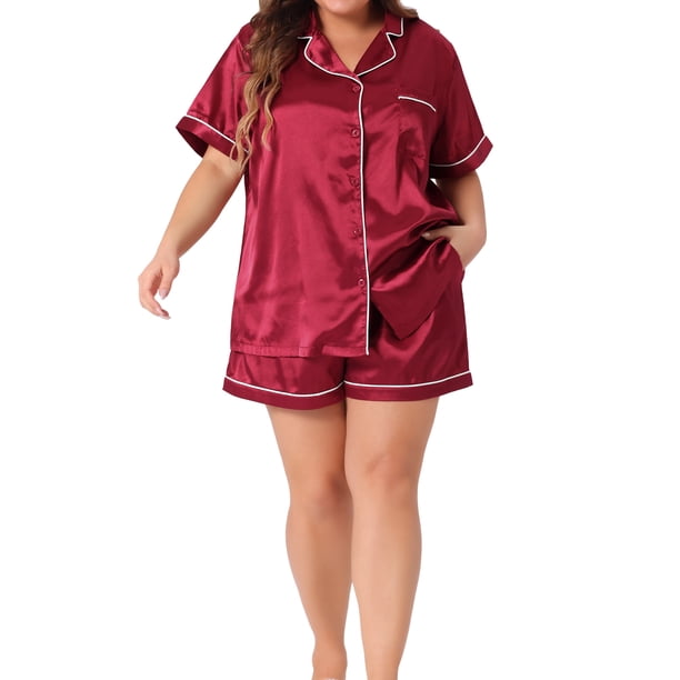Agnes Orinda Conjunto de Pijamas de Talla Grande para el Día de la Madre para Mujeres, Loungewear de Satén Suave con Botones, Conjunto de Shorts de 2 Piezas 3X Burdeos