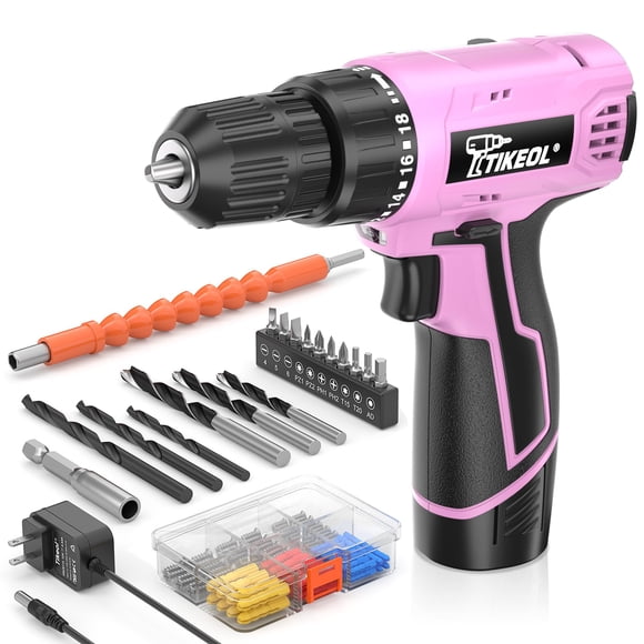 Taladro inalámbrico Tikeol 12 V 180 in‑lbs (19 Nm) rosa – Kit