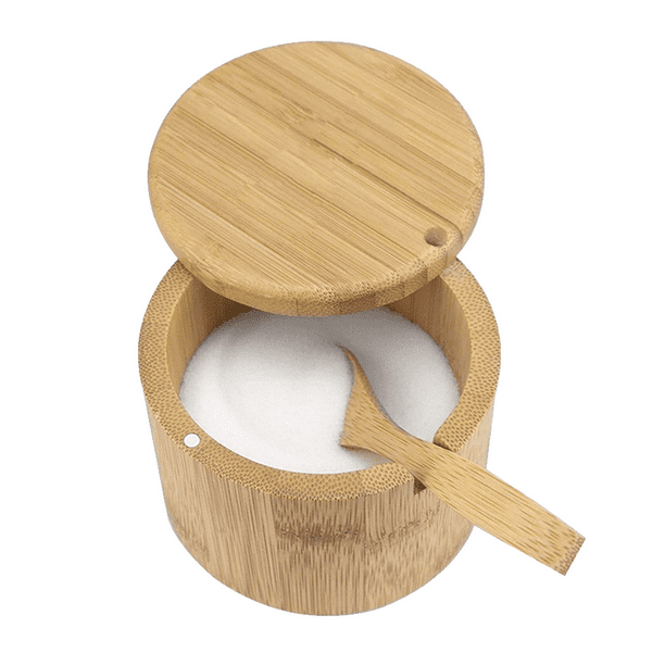 Salero de bambú premium, salero con tapa giratoria magnética - Salero con cuchara