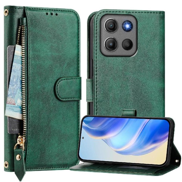 Funda Billetera Cremallera para Motorola Moto G17 con Porta Tarjetas, Soporte y Correa Verde