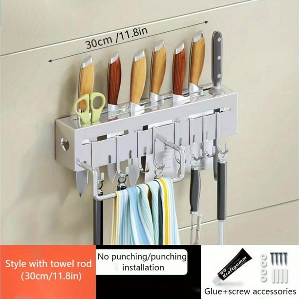 1pc Knife Rack, Wall-mounted Knife Holder With Chopsticks Barrel, Multifunctional Carbon Steel Storage Rack, Kitchen Punch-free Rack With Hooks, Kitchen Storage Organization, Kitchen Accessories