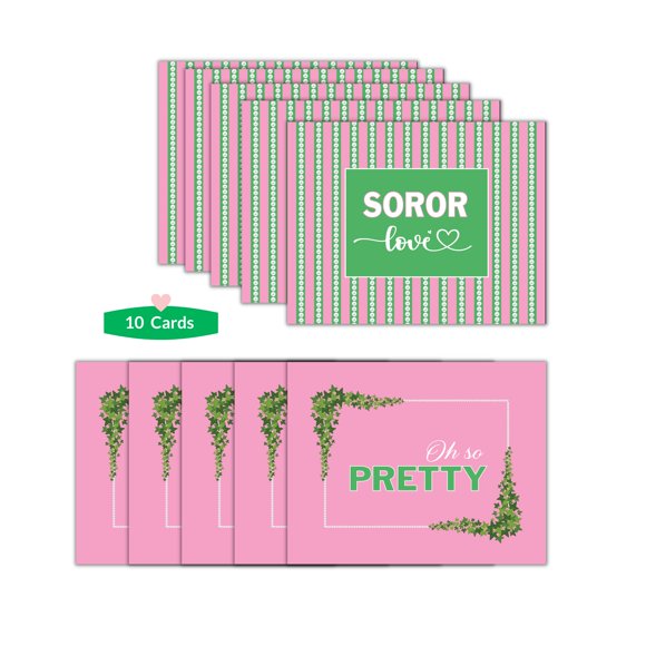 Set de 10 tarjetas planas rosas y verdes | Inspirado en hermandades | Conjunto de tarjetas "Sisterhood, Soror y Oh So Pretty"