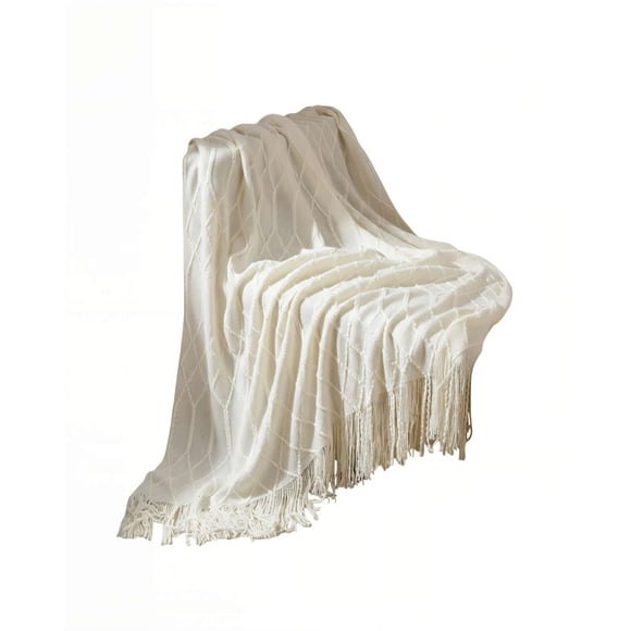 Manta Decorativa Con Flecos Y Tejido De Rombos En Relieve Color Blanco