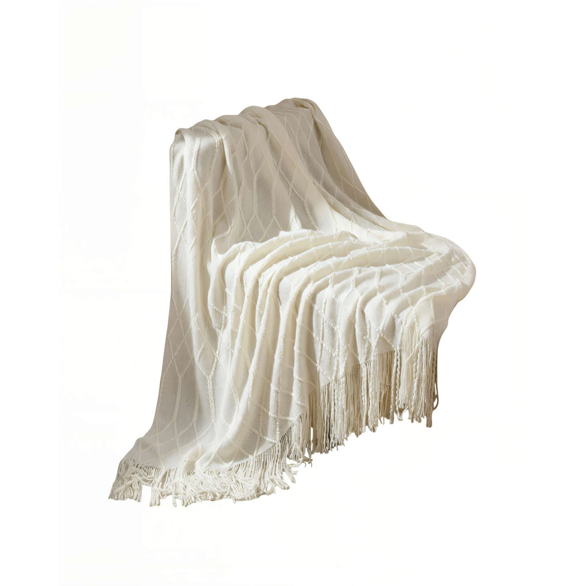 Genérico - Manta Con Flecos Decorativa Y Tejido De Rombos En Relieve Color Blanco