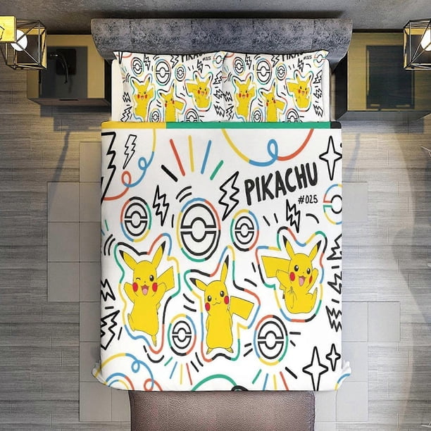 Comforter Set Queen Size, Pokmon - Doodle Pichu Set with Pillowcases for All Seasons,Bedding Set3s Bedroom Decor Bed ee