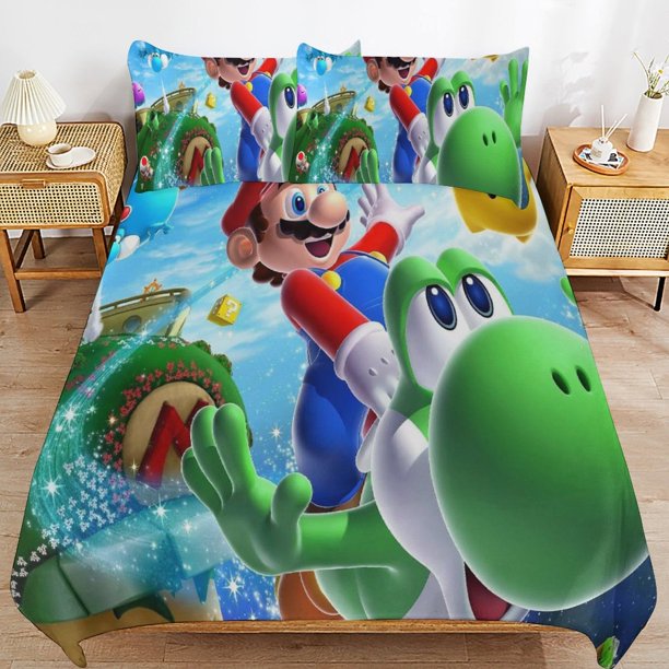 Super Mario Bed Duvet Cover Microfiber Bedding Sets 3D Printed Lightweight 3 Piece Comforter Sets for Kids Boys Girls