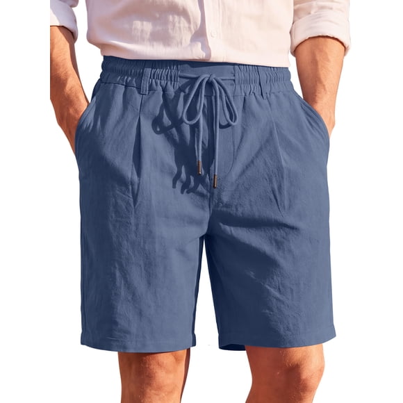 INSPIRE CHIC Pantalones Cortos de Lino con Cintura Elástica y Cordón para Hombre para Vacaciones en la Playa L Azul Oscuro