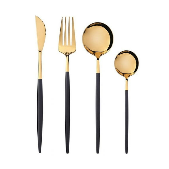 Set Cubiertos 16 Piezas Dorado y Negro Acero inoxidable