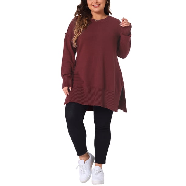 GRACE & GRANDEUR Suéter de Punto de Talla Grande para Mujer con Mangas Largas y Cuello Redondo con Aberturas Laterales 2X Burdeos