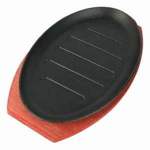 Genérico - Platos De Fierro Fundido 28Cm Oval Con Base De Madera Ideal Para Preparaciones Calientes Parrila