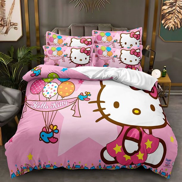 Hello_Kitty 3 Pcs Comforter Set with 2 Pillowcases,Halloween Christmas Hello_Kitty Bedding Set Sheet Set for Kids Adults,All Season Lightweight