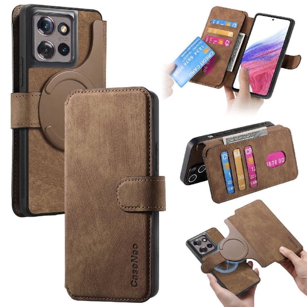 Funda Billetera Magnética para Motorola Edge 50 Soporte Tarjetas Desmontable Marrón